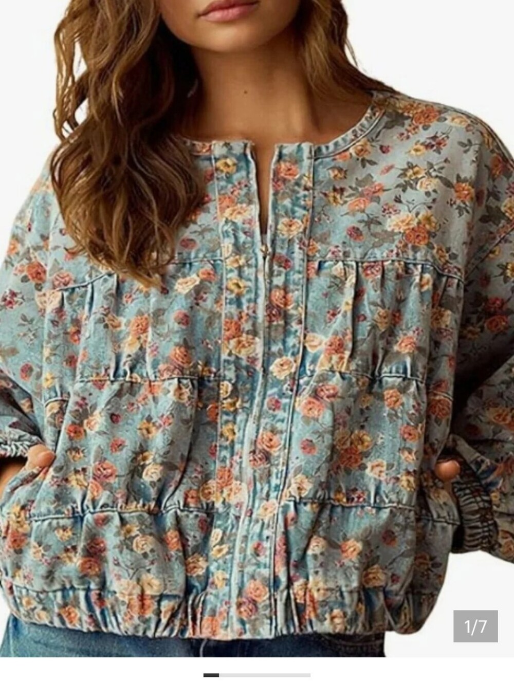 Floral Denim Cropped Bomber Style Jacket  Women's Large